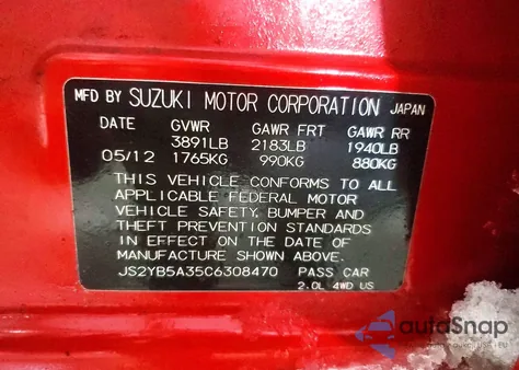 2012 Suzuki Sx4 z USA, uszkodzony, nr VIN JS2YB5A35C6308470